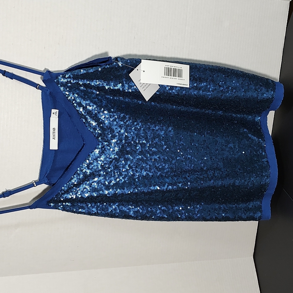 Women's M Tank Top Adjustable Spaghetti Strap Blue Sequin Shiny Fun NWT